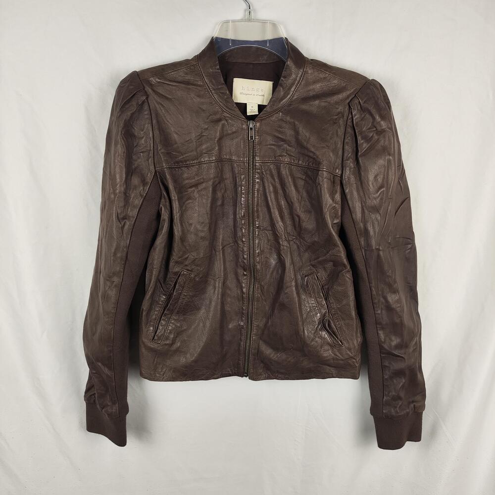 Hinge Jacket Womens Medium Brown Leather Bomber Stand Collar Knit Pockets